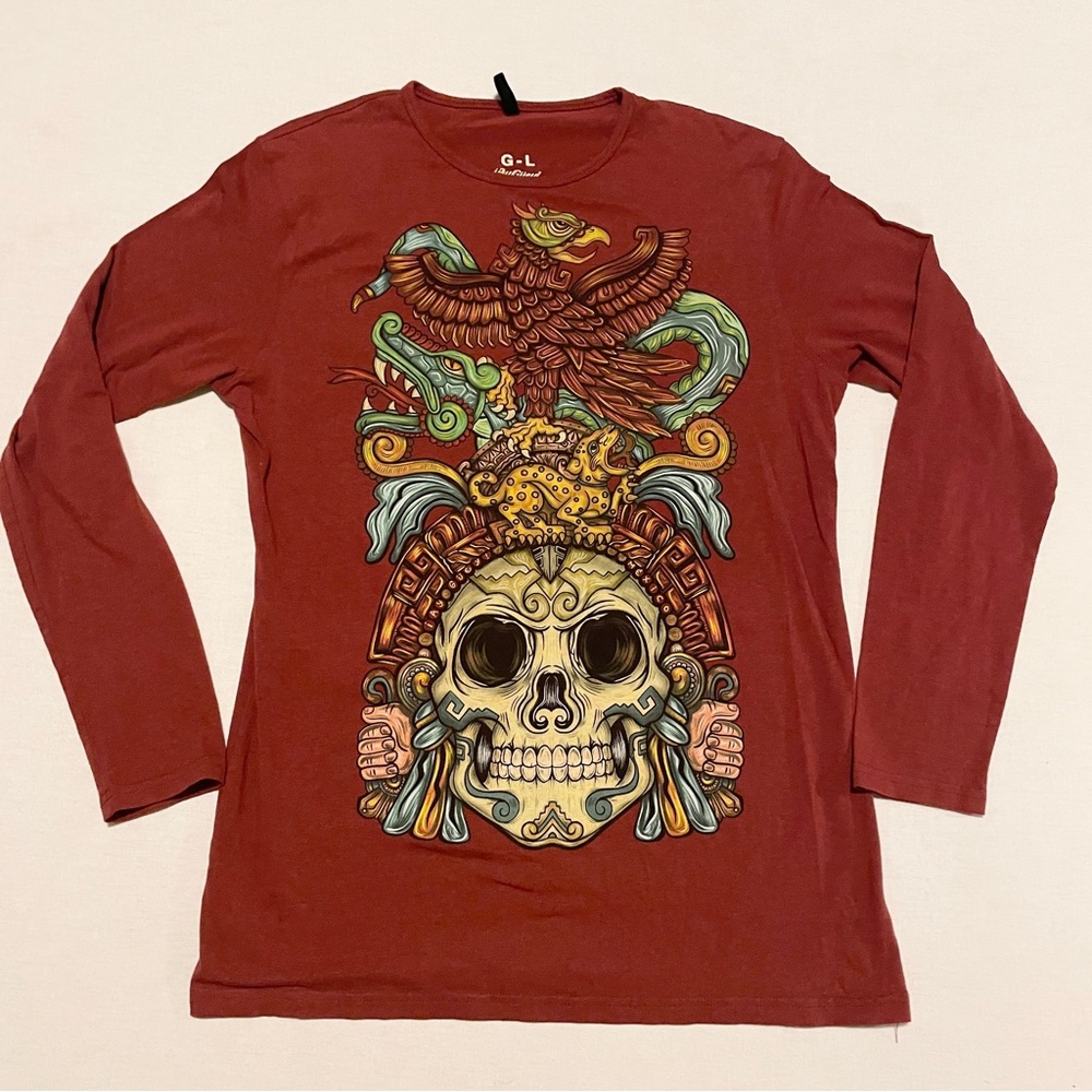 Ay Guey Mexico Mayan Mask Skull Graphic Tee Long Sleeve Large